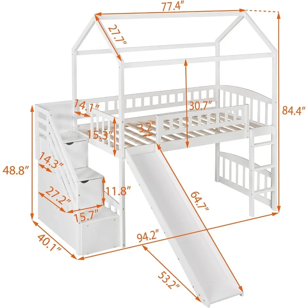 Designs Loft Bed with Slide, House Loft Beds Twin Size with Step Storage Drawers Stairway Playhouse Bed for Kids Toddlers