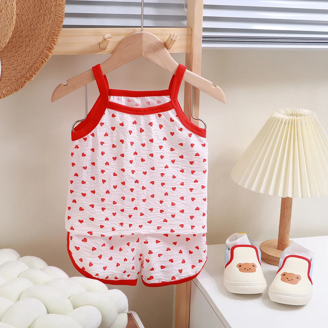 Summer Children Sling Shorts Set Fashion Flower Girls Kids Thin Breathable Pajamas Cute Cartoon Baby Toddler Home Clothes image 4