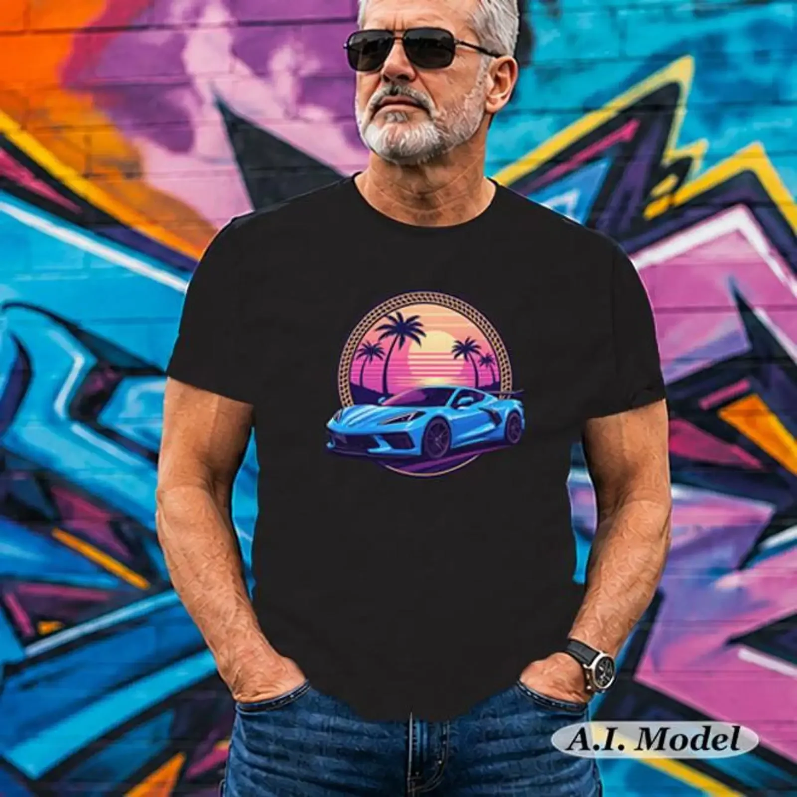 Blue C8 Stingray T Shirt Retro Sunset Supercar Tropical Sports Car Lover  vintage Washed designer clothes Stylish Casual