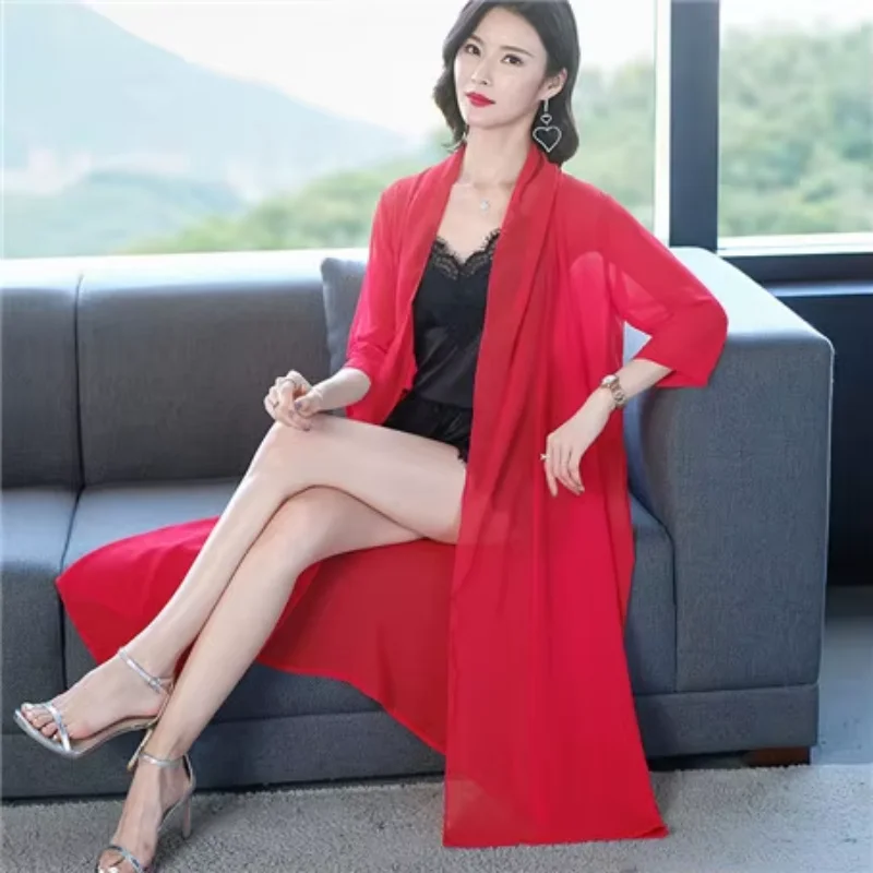Korean style Women maxi long Blouse Summer Casual Boho Chiffon Coat Shawl Kimono Cardigan Tops jacket  black purple red white