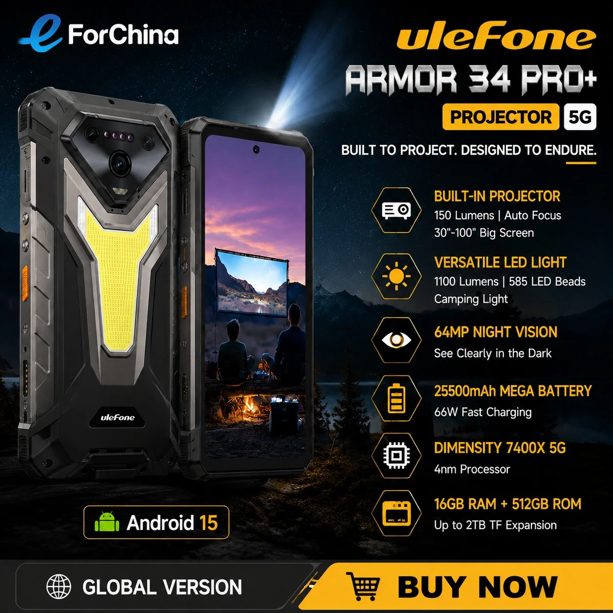 Ulefone Armor 34 Pro+ Rugged Smartphone 5G Projector 6.95" 120Hz 16GB+512GB 25500mAh 66W 64MP Night Vision Android 15 NFC