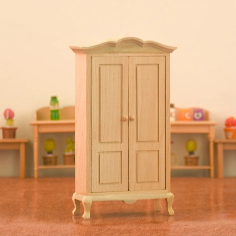 1:12 Dollhouse Miniature Furniture Wooden Wardrobe Cabinet Dollhouse Room Furniture Double Door Closet