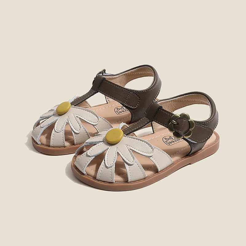 

Genuine leather Baby Girs sandals Non-slip Soft Sole Children's beach shoes Oxhide flower Little Student Kids Casual sandals