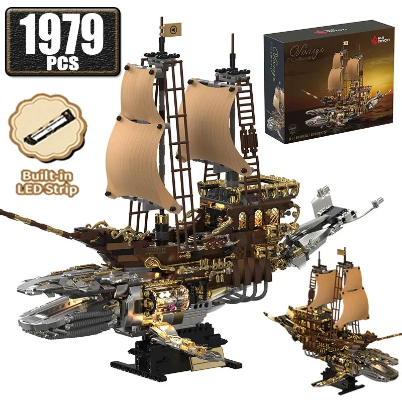 

Конструктор MOC Steam Retro Series: Корабль-кит пиратов, с LED-подсветкой, винтажный декор для дома, фигурки, кирпичики, игрушки, праздничный подарок