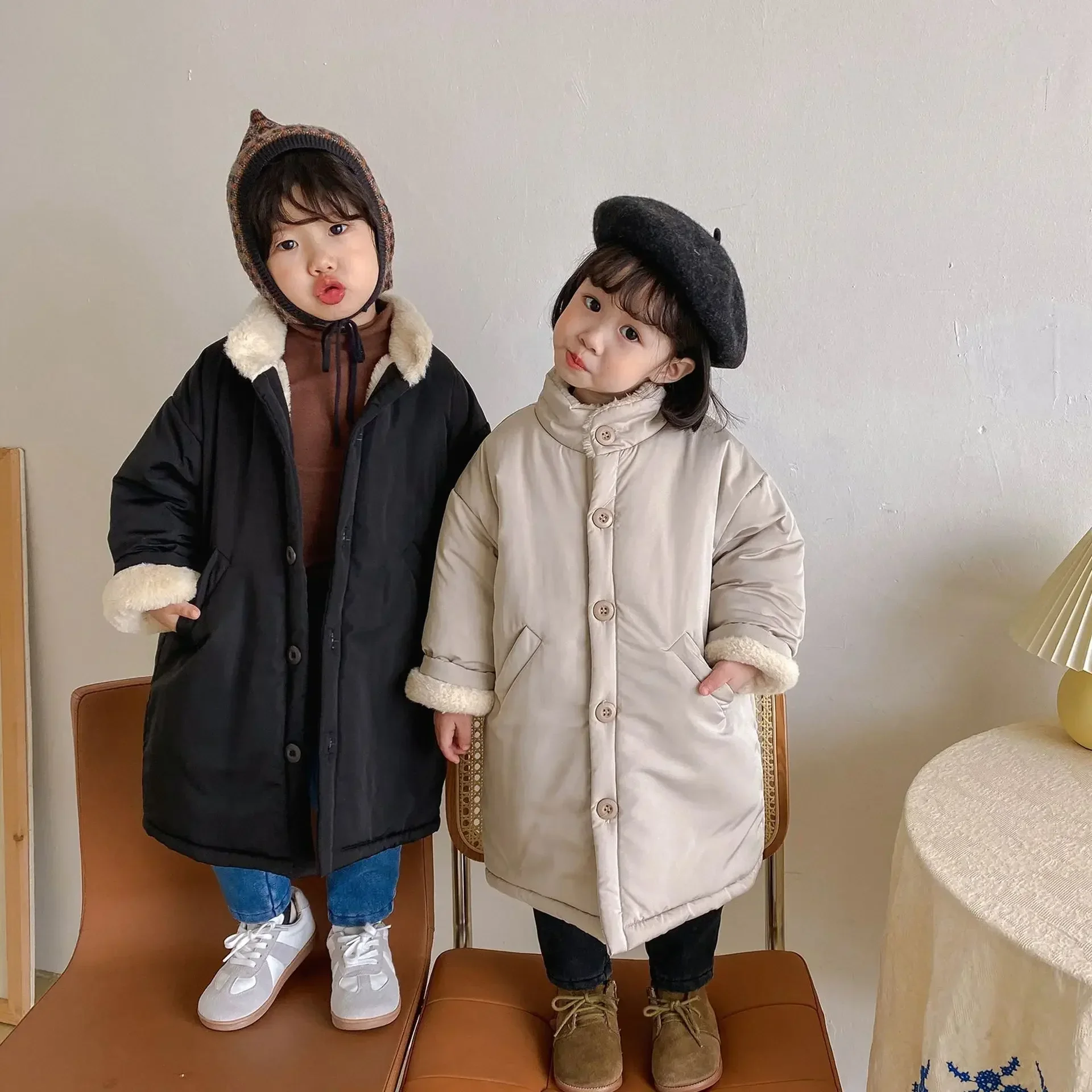 Winter 2024 very warm rabbit hair lining stand collar long jackets for boys and girls thicken waterproof fashion coats outwears