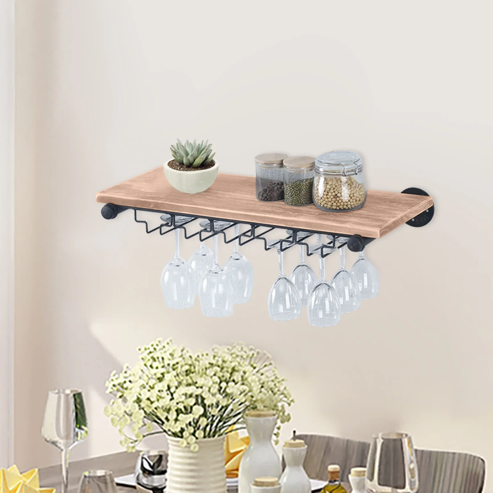 

Industrial Pipe Shelving Hanging Stemware Racks Wall Mounted Wine Rack with Glass Holder Metal Real Wood Shelf Wall Shelf