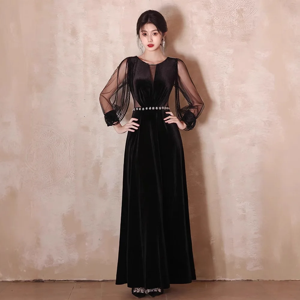 

Women's Black Velvet Evening Dress New Fashion Stunning Banquet Gown Mesh Long Dresses