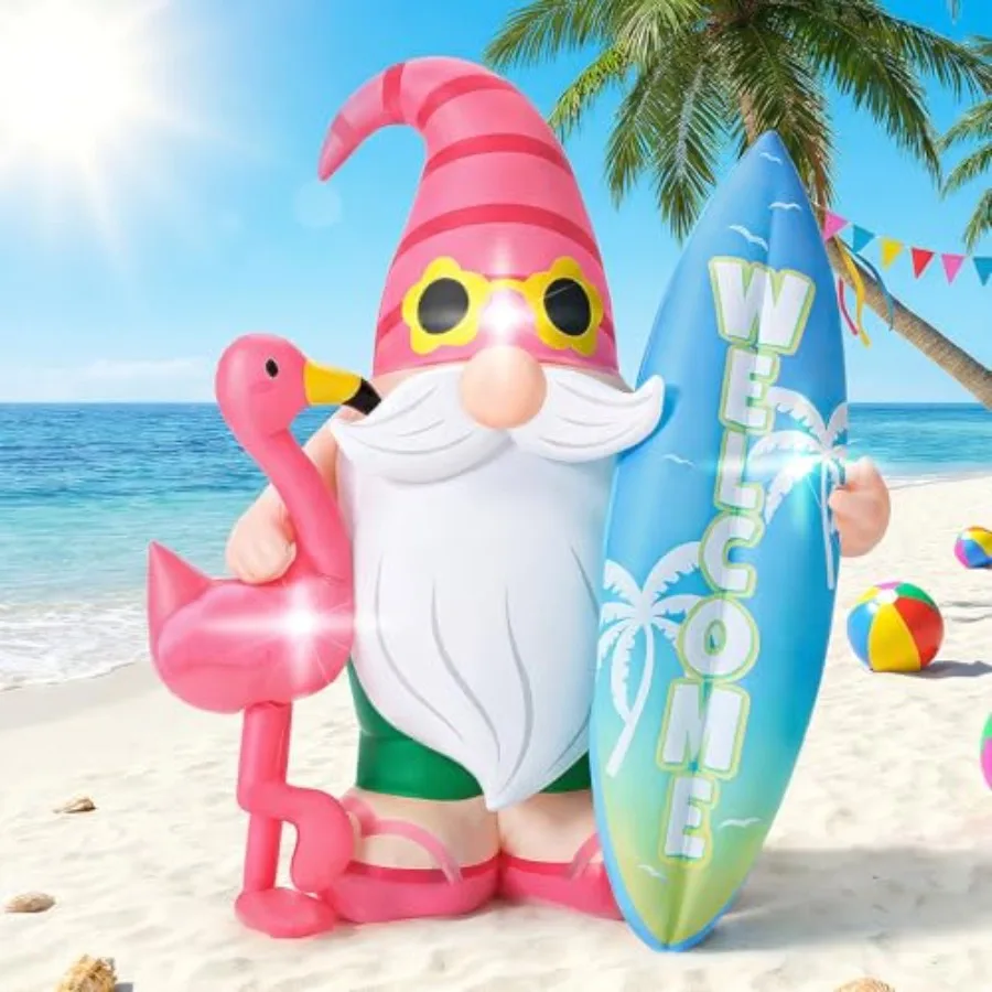 

Outdoor tropical pool decor: 4 ft inflatable gnome with surfboard, PVC material, vibrant blue and yellow, LED-lit for summer pa
