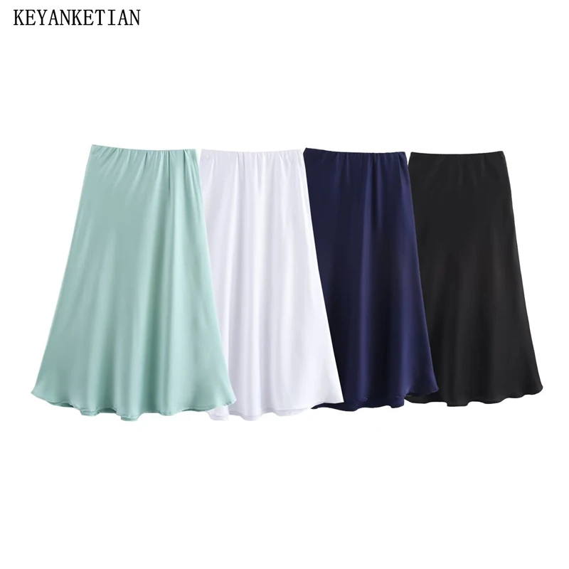 KEYANKETIAN 2026 Frühjahr Neue frauen Satin MIDI Rock Einfachen stil Elastische Hohe taille einfarbig Dünne Lange EINE Linie rock Dünne