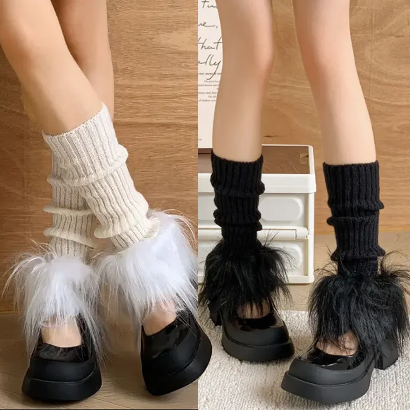 

y2K Style Thickened Ribbed Knit Sock Cuffs Faux Fur Leg Warmers Cover Knee-High Winter Accessories for Women Japanese Subculture