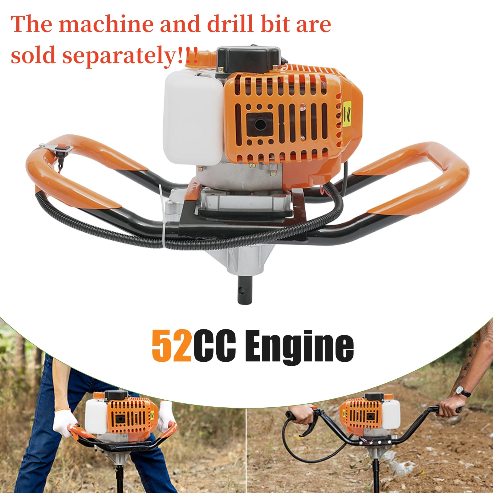 52CC Gas Powered Post Hole Digger, 3 Drill Bits(Sold Separately),  1460W 1.98HP 2-stroke Auger Post Hole Digger Set