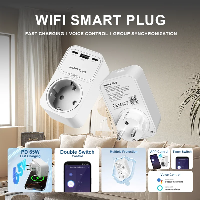PD65W Tuya WiFi Smart Socket EU /UK Plug USB Dual Switch / Outlets Support Energy Consumption Monitor Google Alexa Voice Control