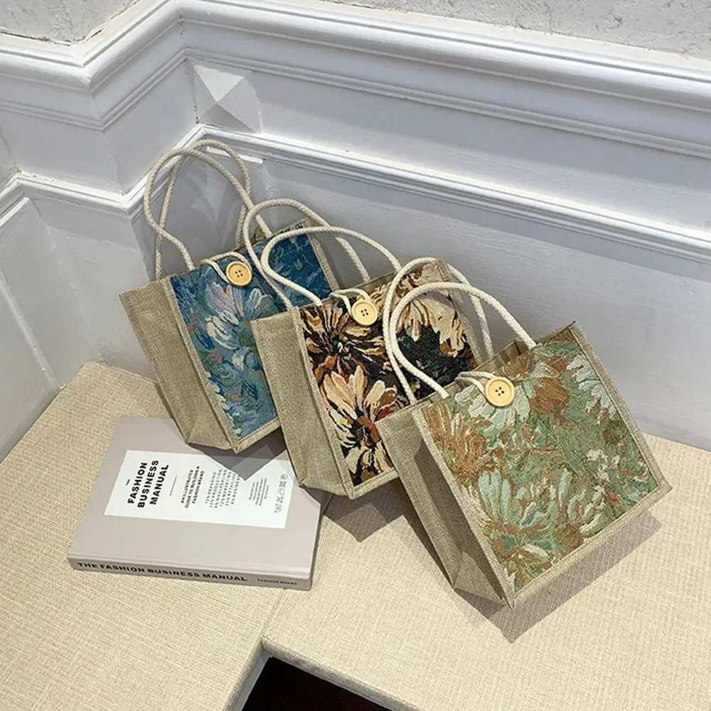 

Reusable Linen Gift Tote Bag Hand-Carrying Casual Handbag National Style Shopping Bag Women