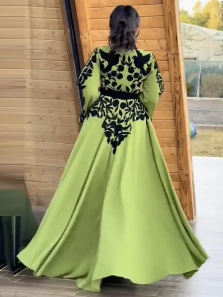 Female Fashion Elegant Appliques Tied Waist A-Line Evening Maxi Dresses V-Neck Flared Sleeves Muslim Robe Dress