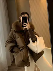 Winter New Fur Collar Puffer Down Parka Loose Down Warmer Thicken Snow Jacket Pocket Zipper Faux Fur Outerwear Female