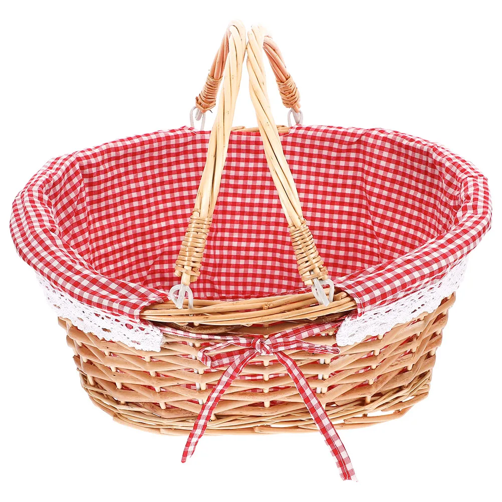 

Rattan Picnic Basket Large Wicker Storage Waterproof Cloth Flower Handles Foldable Camping Outdoor Market Scalloped