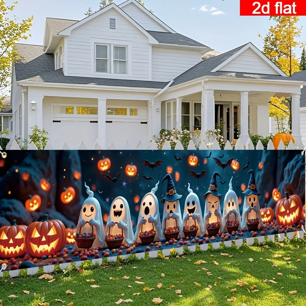 Fröhliches Halloween-Zaunbanner, Niedlicher Geister-Hexenhut, Süßigkeiten-Kürbislaterne, Fledermaus-Druck, Lange Hängeflagge für Garten und Außendekoration – Detail 6