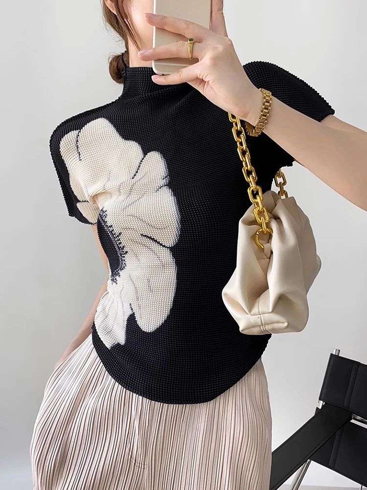 

Ele Design Knitted Ice Silk f High round Ne ort Sve Summer Thin Slim Fit Base irt Women's Top Faionable Com...