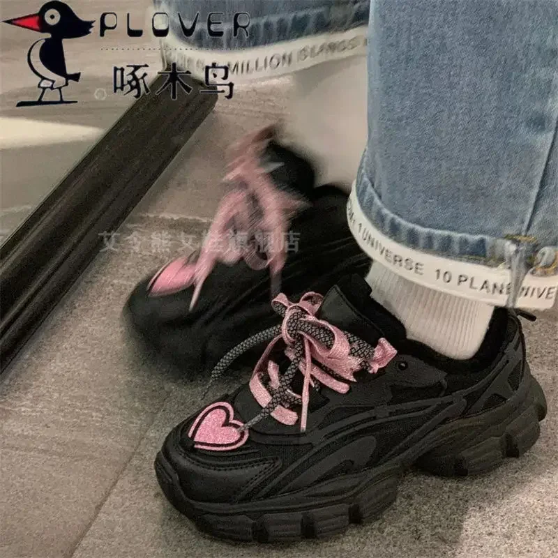 Women Buffalo Shoes Pink Heart Platform Sneakers Casual Vintage Vulcanize Kawaii Korean Sports Tennis Female Spring Summer