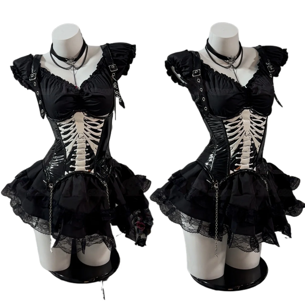 

Halloween Anime Gothic Skull Short Dress Cosplay Lolita Punk Steampuff Black Corset Outfit Jirai Kei Halloween Christmas Costume