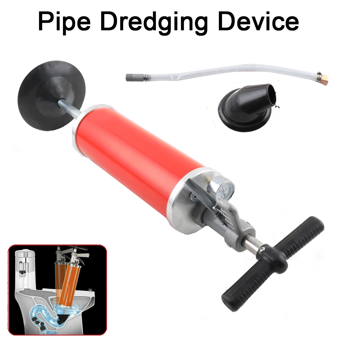 Abflussreiniger, Luftdruck-Rohrreiniger, Aluminiumlegierung und Edelstahl, 0,7 MPa Druck für Toiletten, Waschbecken mehr – Detail 6