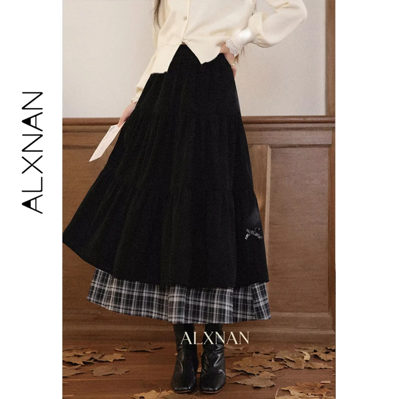 ALXNAN Vintage Plaid Patchwork Skirt Women Autumn High-waist Black Long Skirts 2026 Elastic Waist Elegant Female Skirt L57227-1