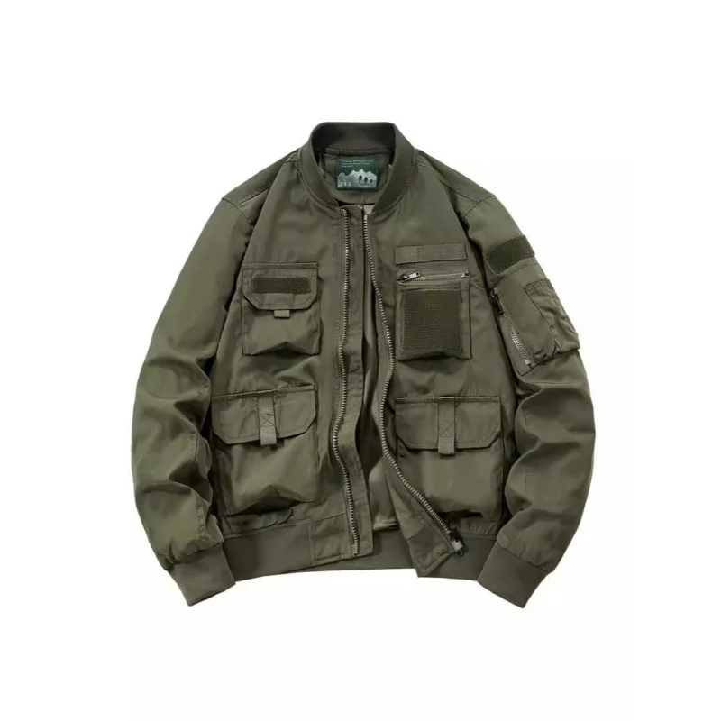 Men American Retro Bomber Cargo Jacket Multi Pocket Tactical Stand Collar Zip Up Loose Street Casual Spring Autumn Outer Coat