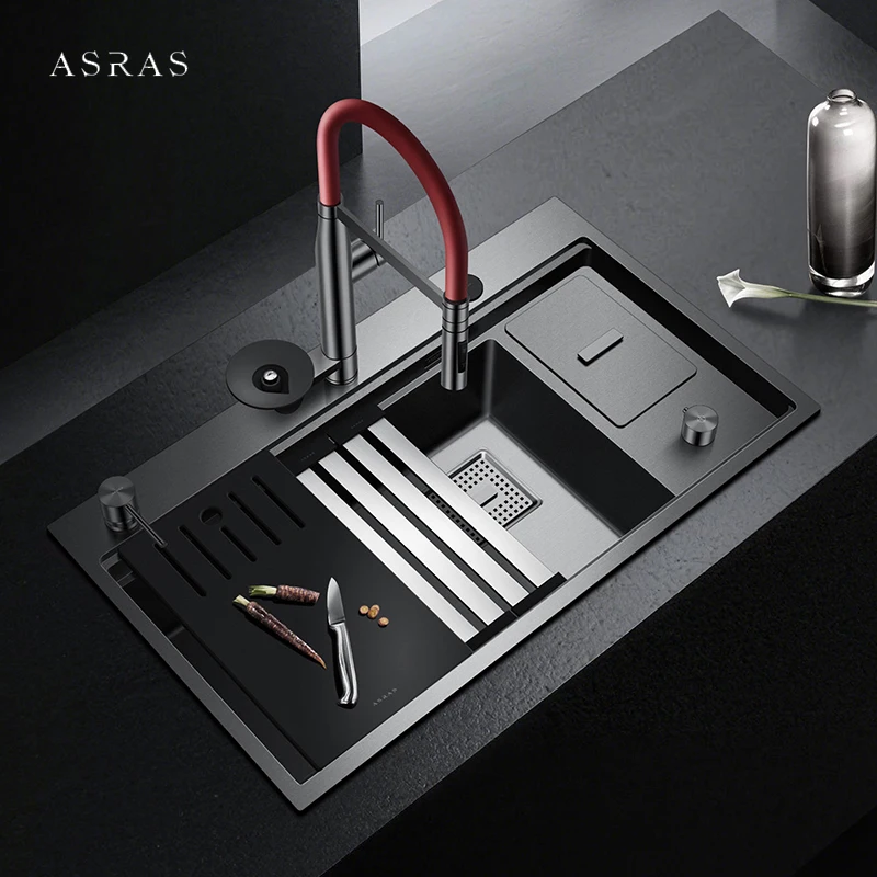 ASRAS 8650 Large Size Nanometer Kitchen Island Sink Handmade 304 Stainless Steel 4mm Thickness 220mm Depth With Trash Can Sinks