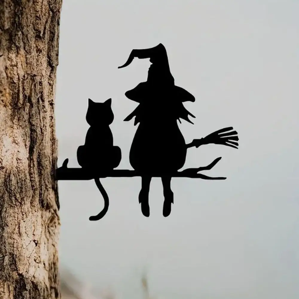 High Quality Metal Fences Decorations Outdoor Creative Garden Decoration Art Silhouette Witch And Cat Tree Stump Plug-in