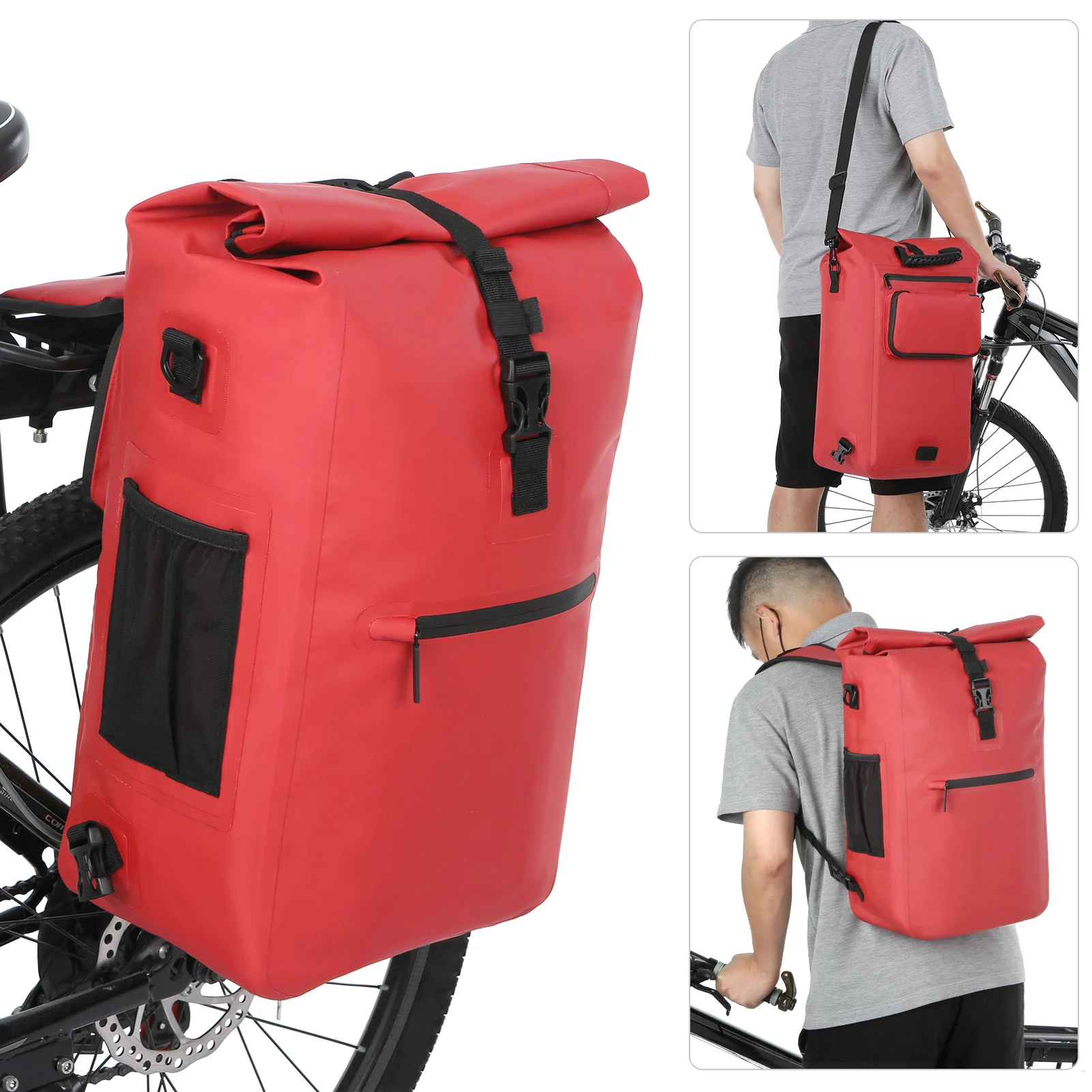 3-in-1 Waterproof Bike Pannier Bicycle Rear Rack Bag Backpack Shoulder Bag Outdoor Cycling Bag Pack with Laptop Compartment