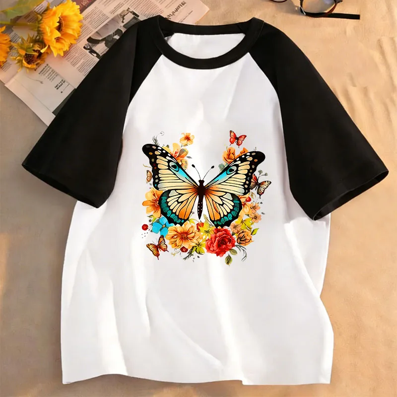 Graphic Butterfly with Flower Printed T-Shirt Girls' Summer T Shirt Clothes Short Sleeve Tops T-Shirts Cute Kids Clothing