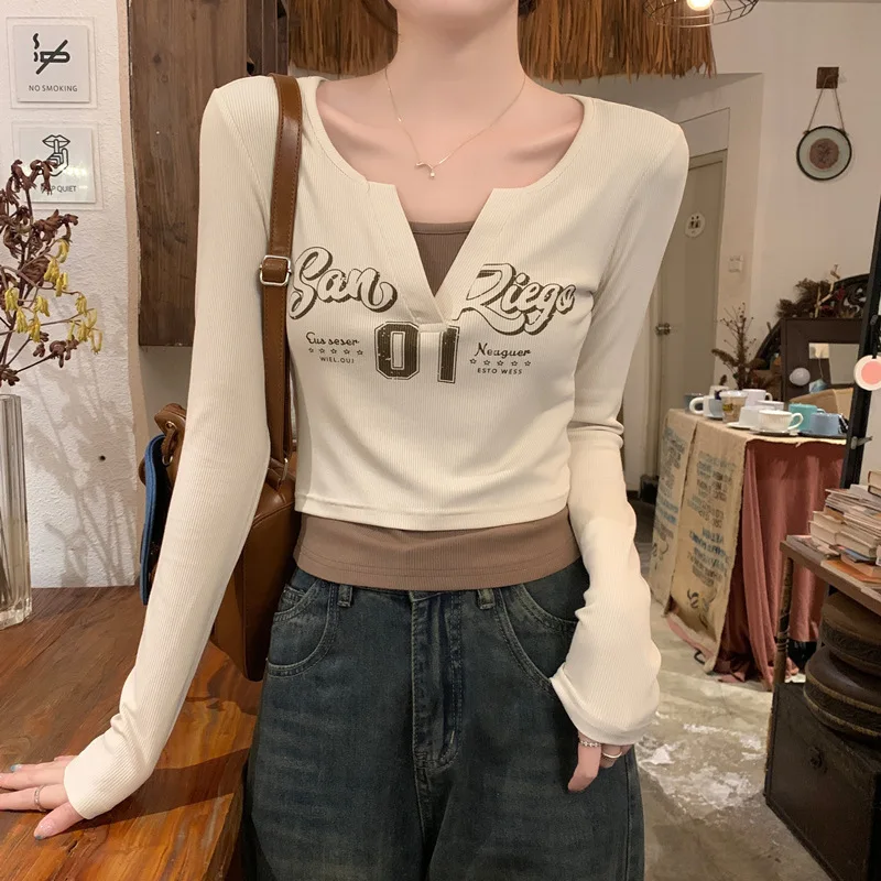 

JHJN, новый стиль, хит продаж, дизайн, женская одежда, короткая женская футболка с v-образным вырезом и длинными рукавами, базовые тонкие женские топы