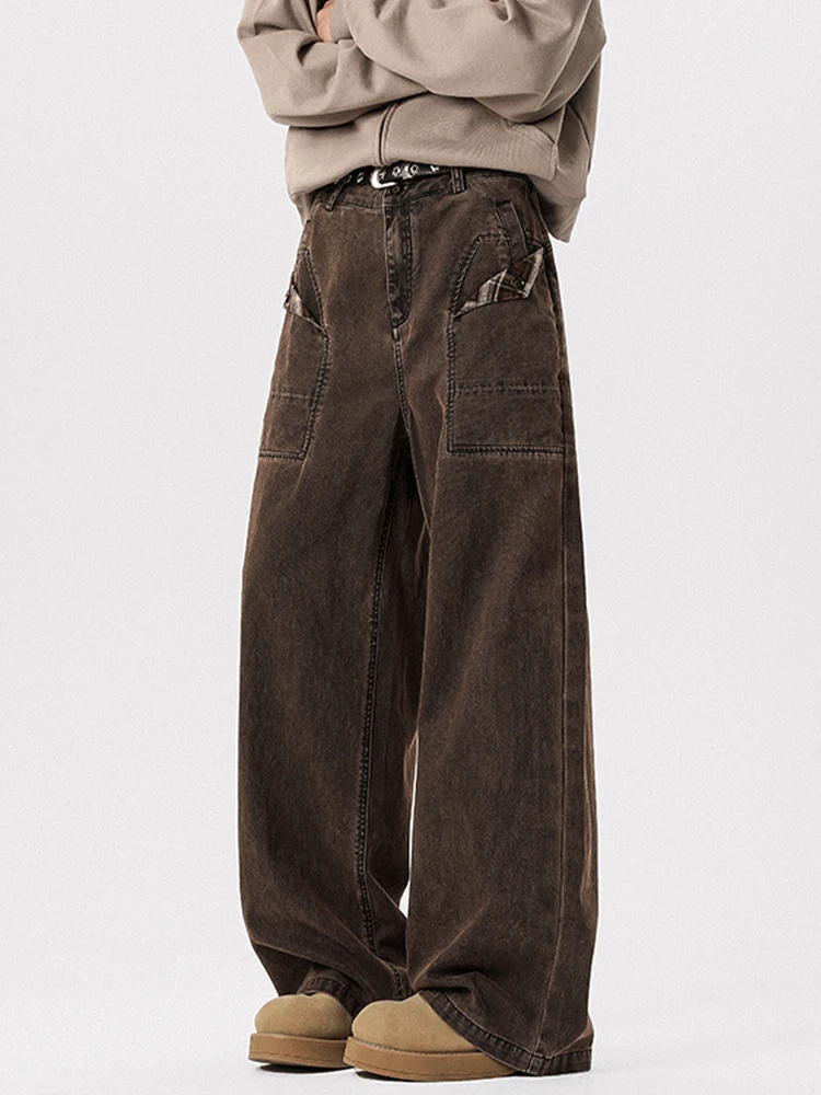 

Retro American Waed Brown Workwear Jeans Men's Loose Fit Spring Autumn Double ket Design Worn in Look Youthful Sle