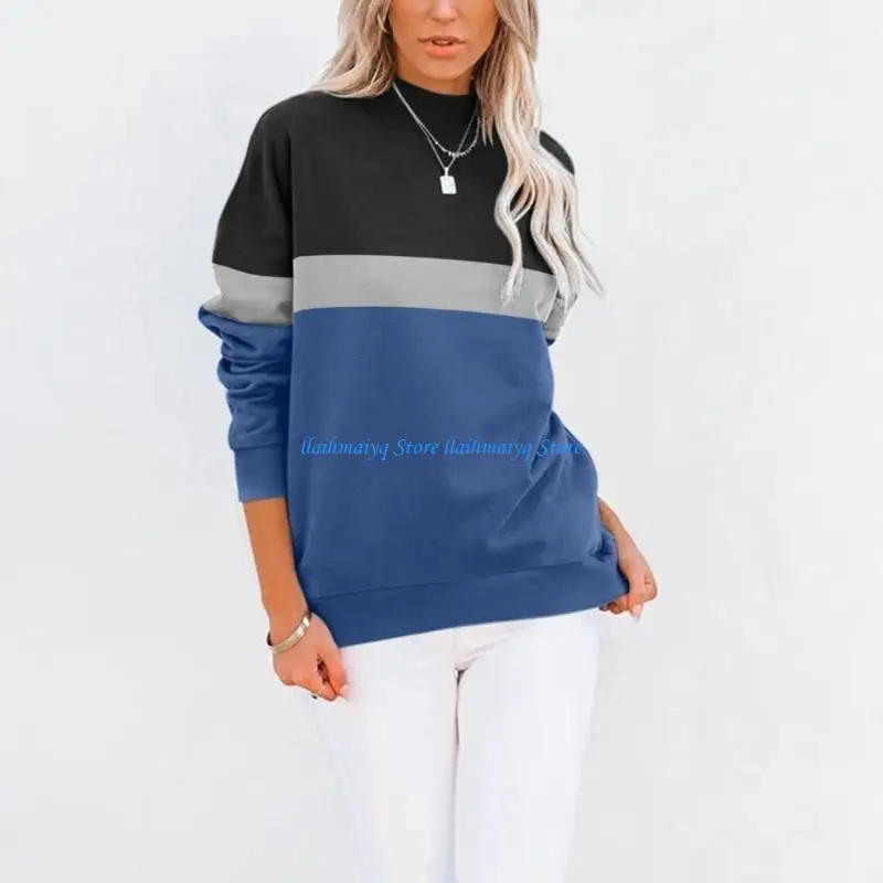 

573B Women's Casual Long Sleeve Sweatshirt Top Turtleneck Lightweight Waisted Autumn Pullover with Pockets