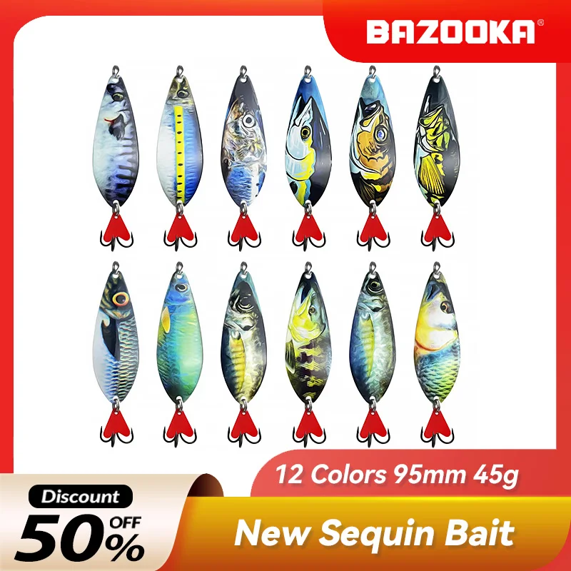 

Bazooka Fishing Lure 95mm/40g Big Metal Rotator Spoon Trout Hard Bait Sequin Noise Artificial Jig Willow Shaped Leaf Iron Hook