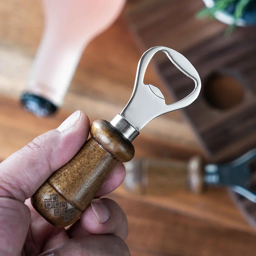 Portable Stainless Steel Bottle Opener Wood Handle Drink Cap Lid Beer Bottle Opener Easy to Carry Launcher Kitchen Gadget Tools