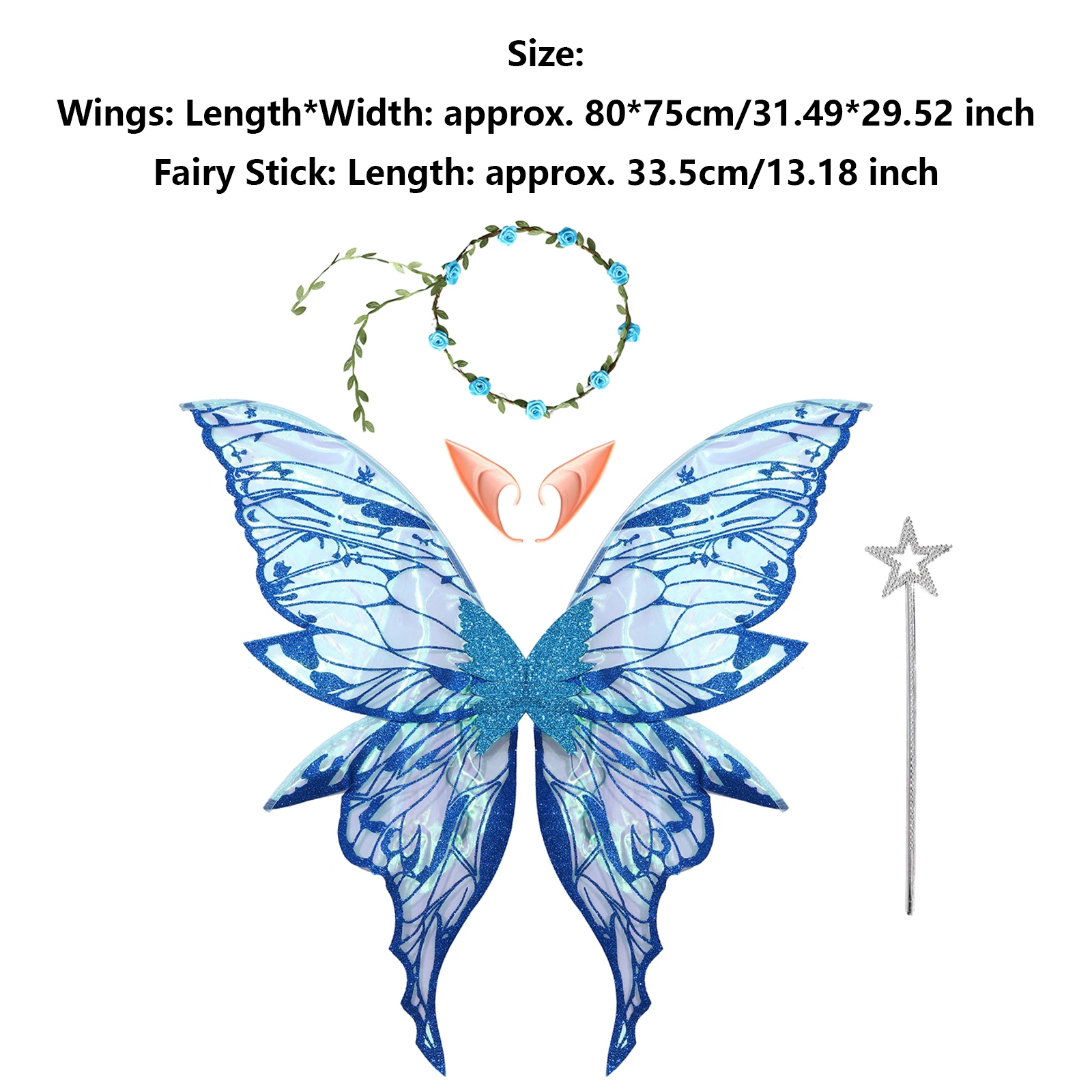 Girls Women Butterfly Fairy Elf Costume Wing Princess Angel Wing Ears Star Fairy Stick Garland for Halloween Cosplay Party Props