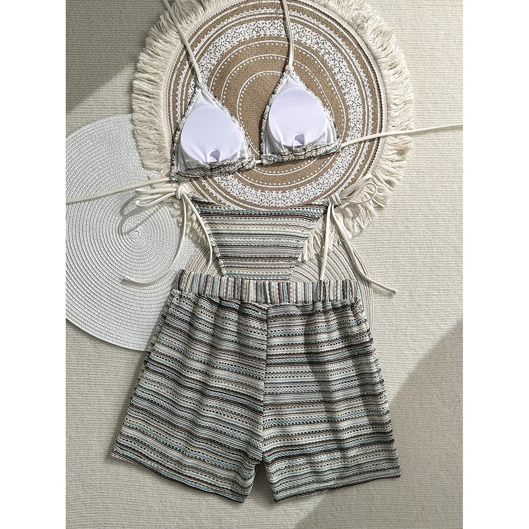 Neuer, aufreizender, gestreifter Bikini mit Neckholder-Ausschnitt, Damen-Badeanzug, dreiteiliges Bikini-Set mit Shorts, Damen-Badebekleidung, Badeanzug, Badebekleidung, Modell V6326. – Detail 15