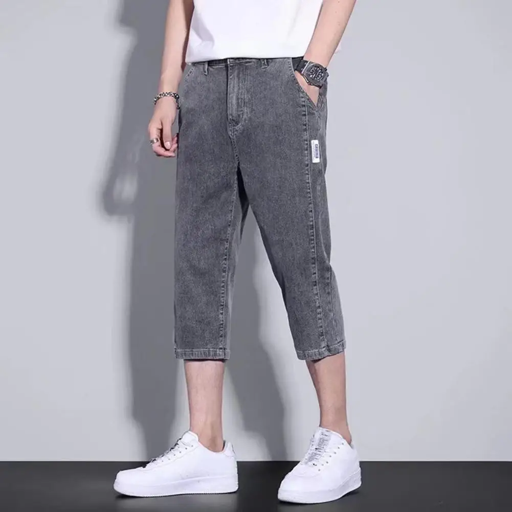 Cropped Jeans Men's Solid Color Mid-calf Denim Pants Summer Thin Cropped Trousers Zipper Fly Straight-leg Jeans Zipper Fly