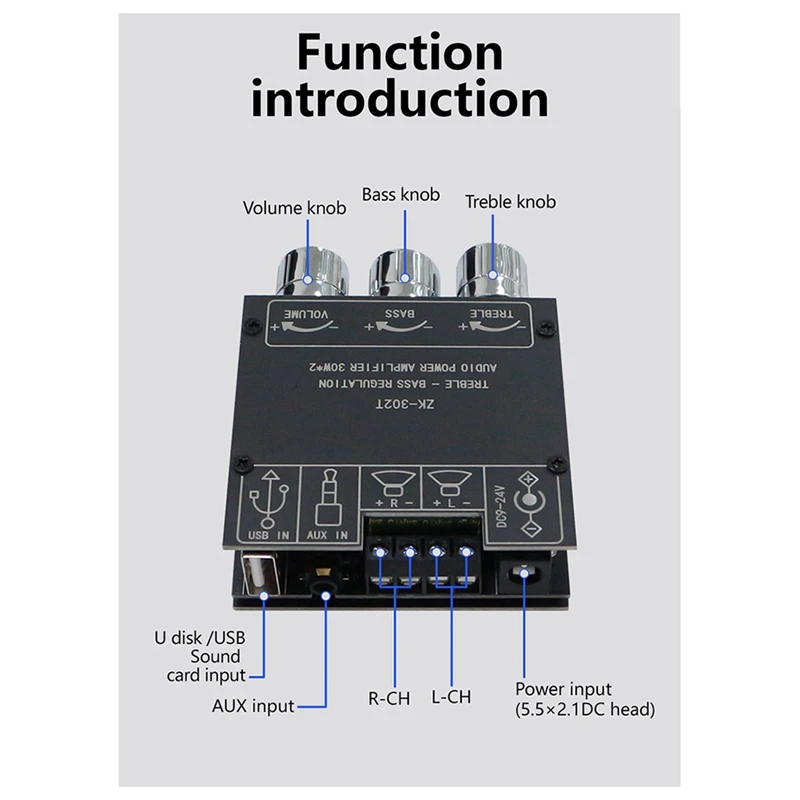 ZK-302T Bluetooth Digital Power Amplifier Module 2.0 Stereo Dual Channel 30W+30W With High & Low Tones