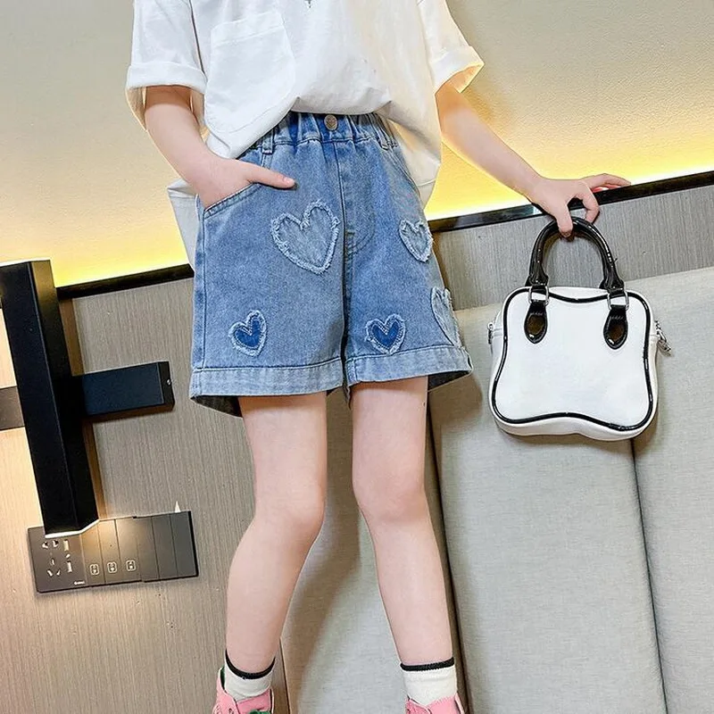 2024 Hot Summer Kids Girls Shorts Fashion Beauty Cute 9 11 13 14Years Children Pearl Heart Jeans Shorts Teen Denim Tassel Shorts