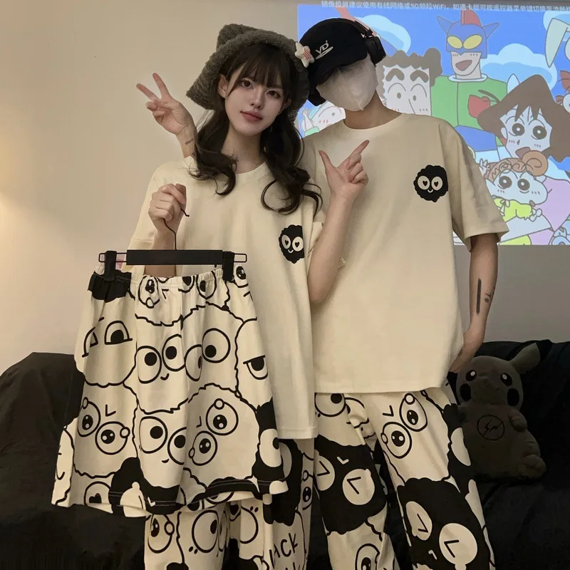 

Couple Pajamas Female Cartoon Cinderblock Spring and Fall Loose Home Wear Round Neck Short-sleeved Male Three-piece Set Summer