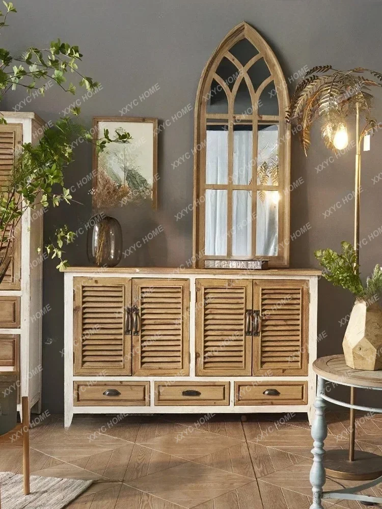 D178  retro shutters multi-layer shoe cabinet living room dining side cabinet multi-functional solid wood storage high cabinet