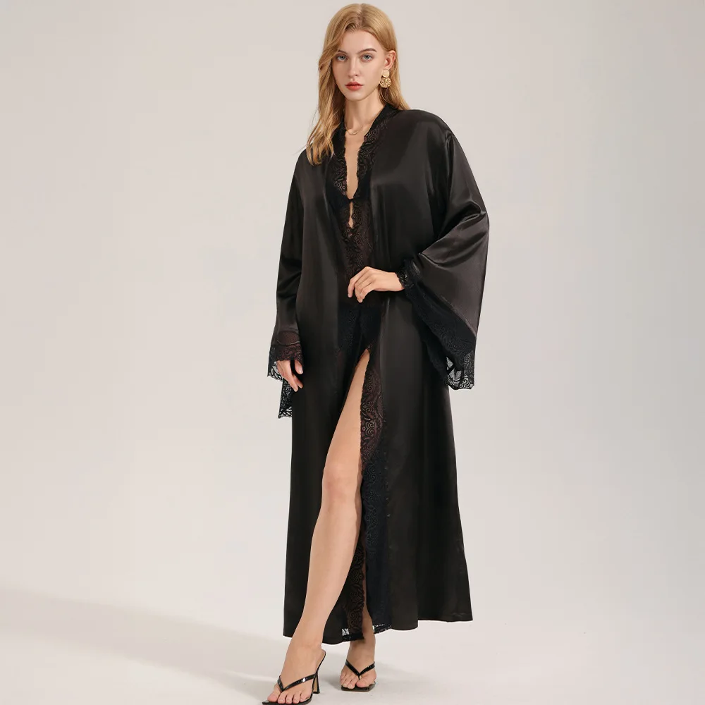 Solid Color Simple Satin Lace Patchwork Long Ice Silk Robe Nightgown Black Satin Sexy Elegant Women's Spring Summer Home Wear
