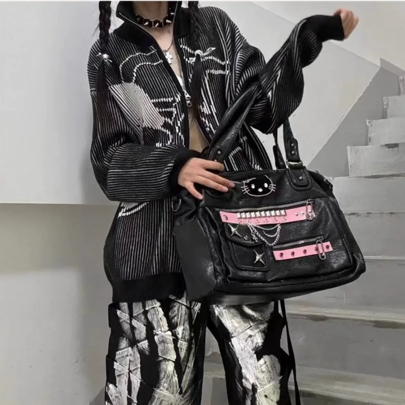 Xiuya Y2k Shoulder Bag for Women Cute Hello Kitty Gothic Chains Rivets Vintage Tote Bag Punk Large Capacity Female New Handbag