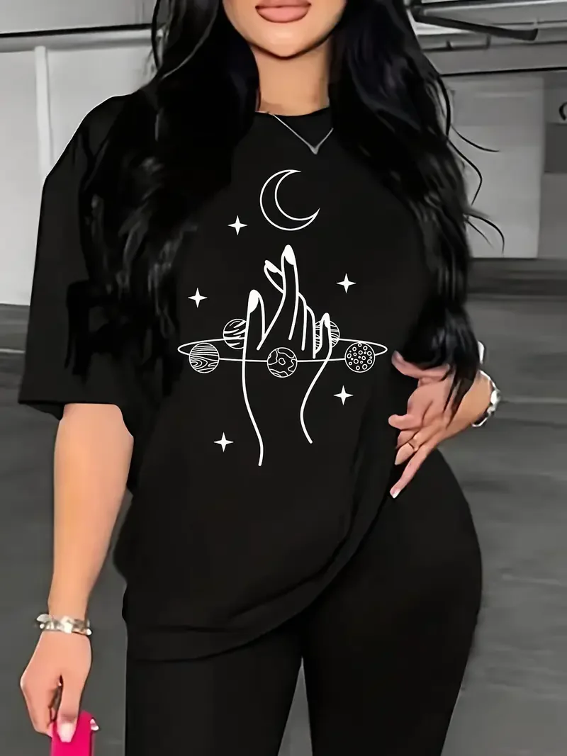 T-Shirt mit Mond- und Hand-Aufdruck, Rundhalsausschnitt, lässiges Kurzarm-T-Shirt für Damenbekleidung im Frühling und Sommer