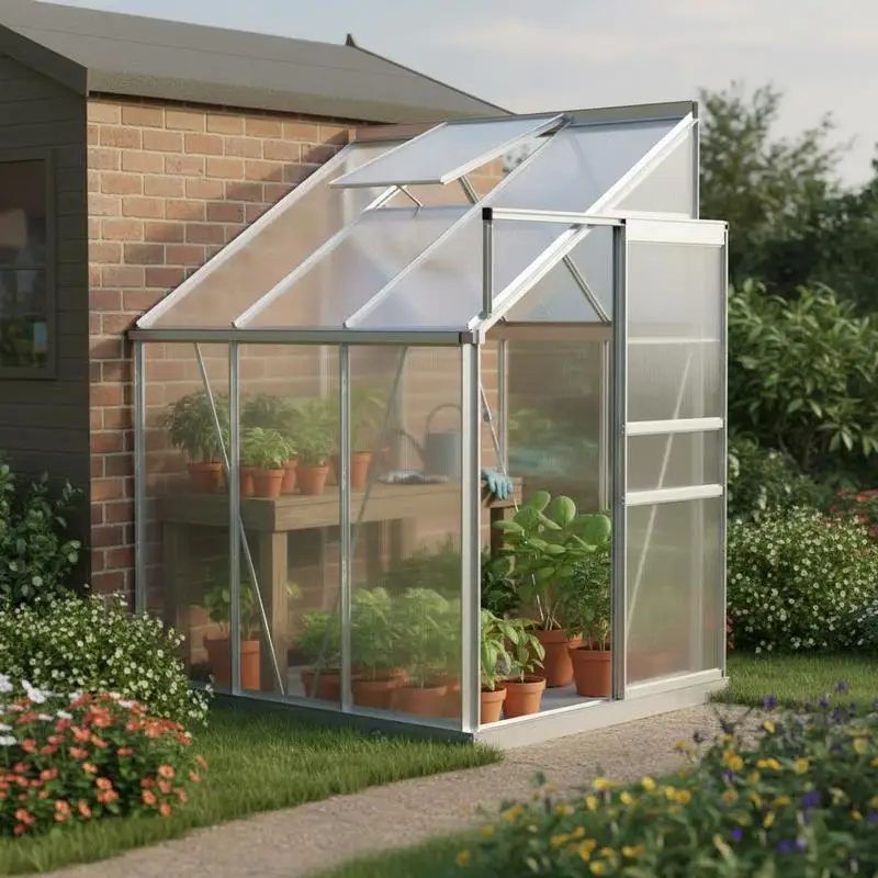 

6 x 4ft Lean to Wall Polycarbonate Greenhouse Aluminium Walk-in Garden Greenhouse with Adjustable Roof Vent, Rain Gutter and Sliding Door, Clear