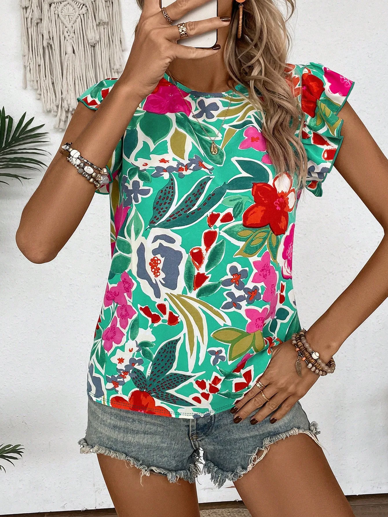 2024 Summer Cross Border New Lotus Leaf Sleeve Printed Top With Bow Design Comfortable, Casual And Fresh T-shirt