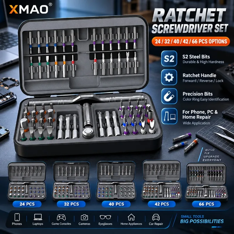 24/32/40/42/66 in 1 Ratchet Screwdriver Set S2 Steel Precision Bits Magnetic Tool Kit for Phone Laptop Electronics Home DIY