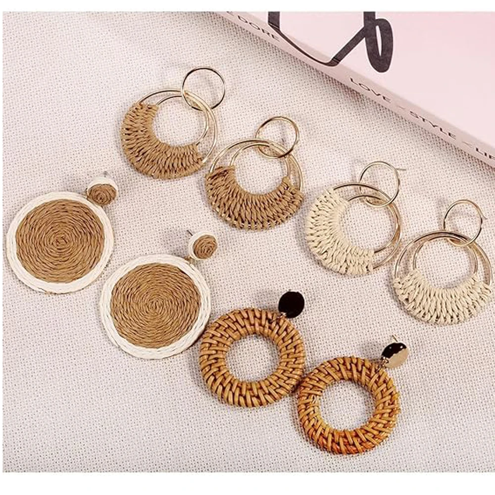 1 or 4 PAIRS Raffia Boho Hoop Earrings for Women Bohemia Summer Beach Earring Straw Wicker Rattan Dangle Round Drop Earrings